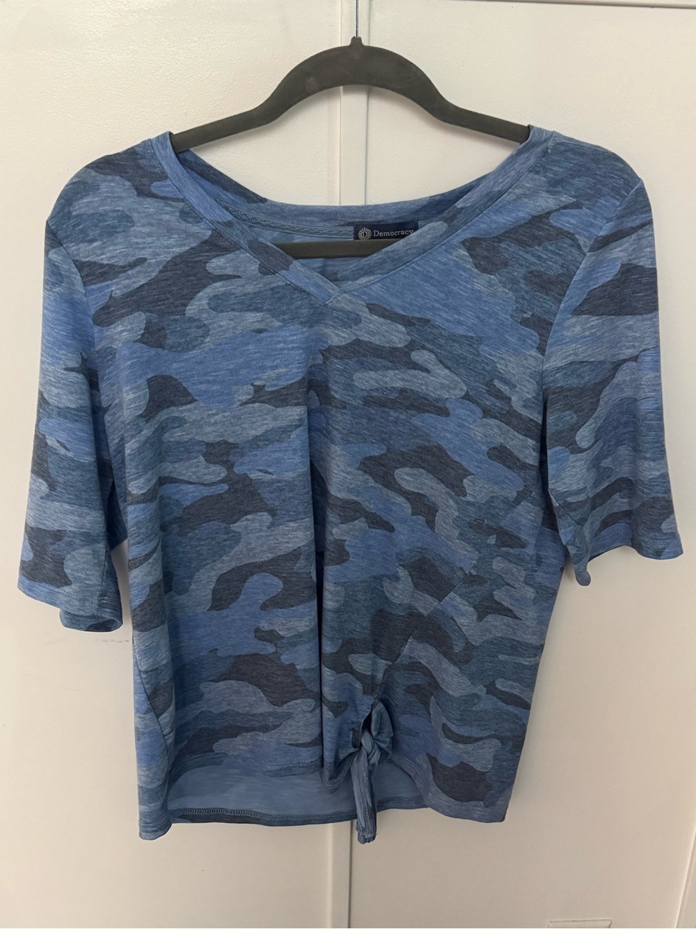 Democracy Blue Camo Tie-Front Crop Top